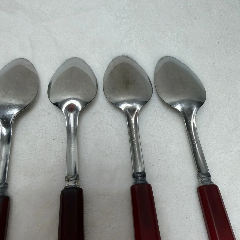 VTG Red Bakelite Handle Stainless Steel Spoons Set of 5‎ Mid-Century Art Deco